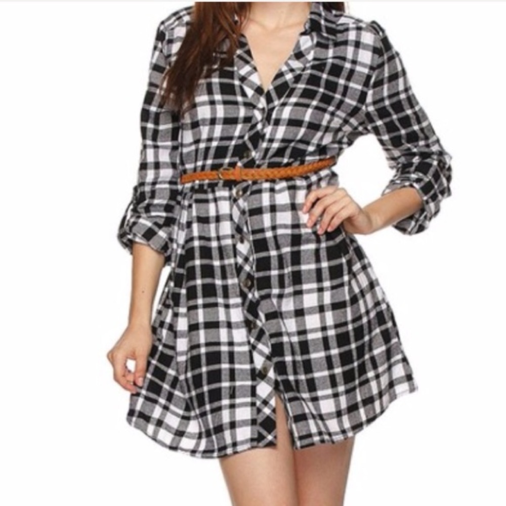Black Plaid Flannel Belted Cotton dress